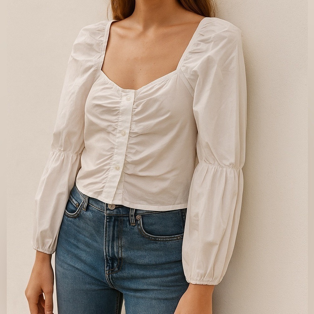 The Shirt White Ruched Puff Sleeve Milkmaid Peasant‎ Smocked Cotton Blouse Small